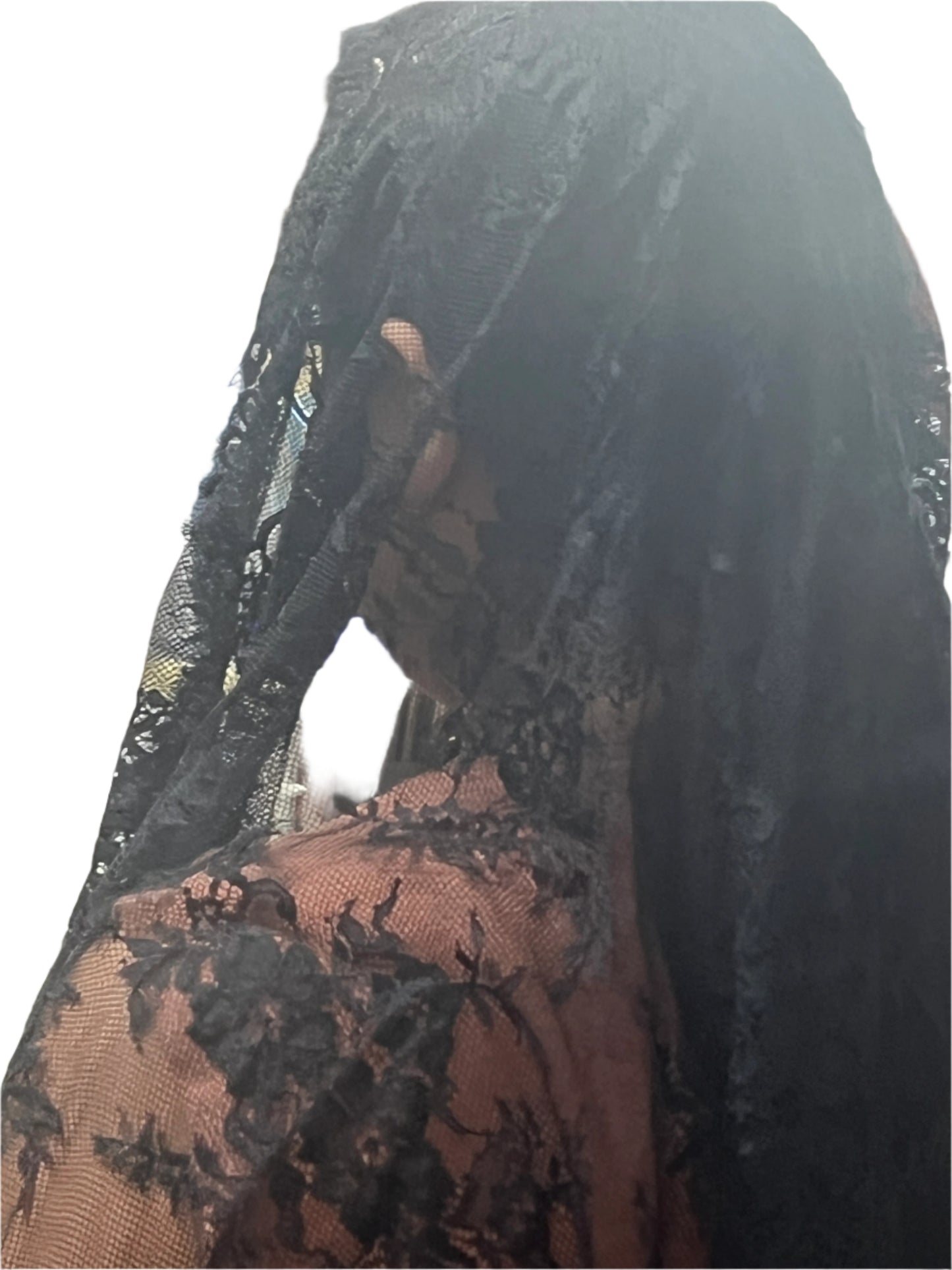 61" coffee brown Spanish lace mantilla veil with floral motifs and intricate scalloped edges worn over head and shoulders