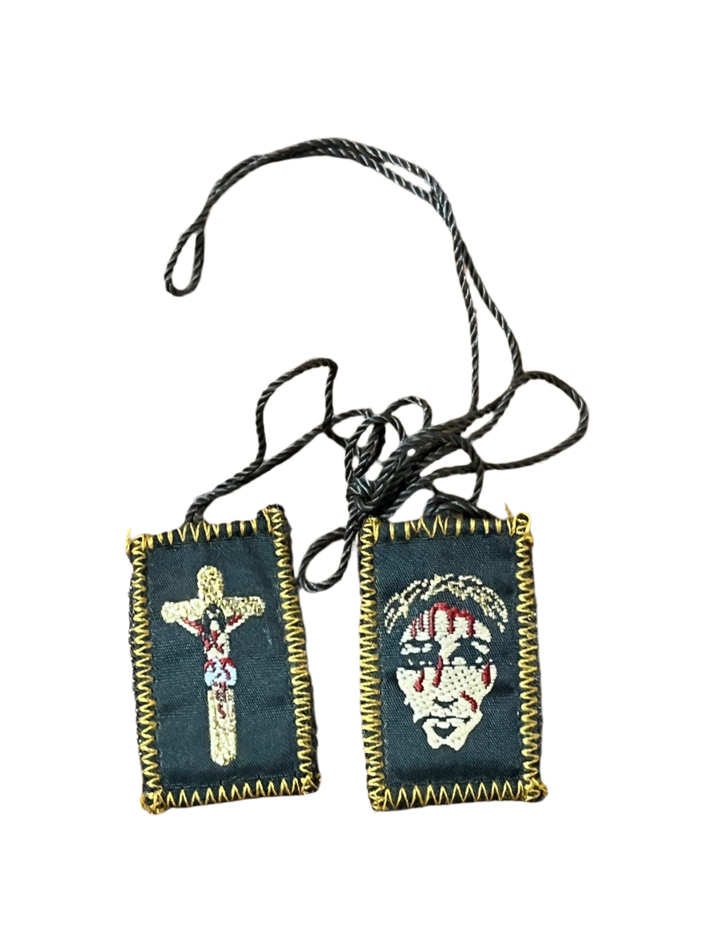 1 1/2" Brown Scapular with embroidered Crucifix and Holy Face of Jesus, edged in gold-tone stitching and black cord