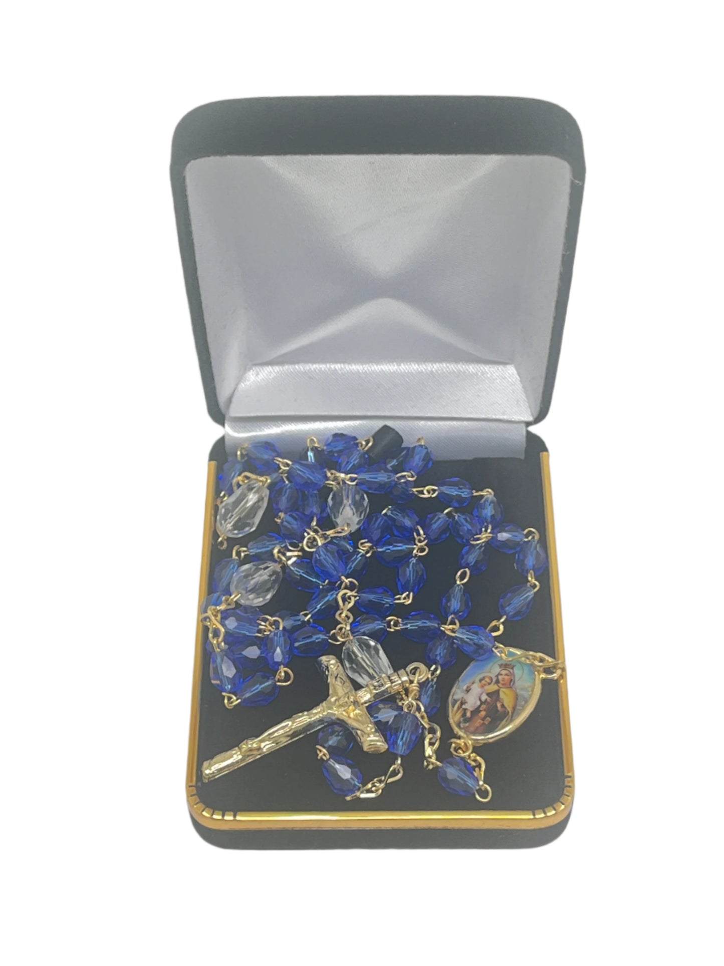Our Lady of Mt. Carmel blue crystal rosary with clear bishop beads, gold chain, crucifix, and detailed religious centerpiece in presentation box