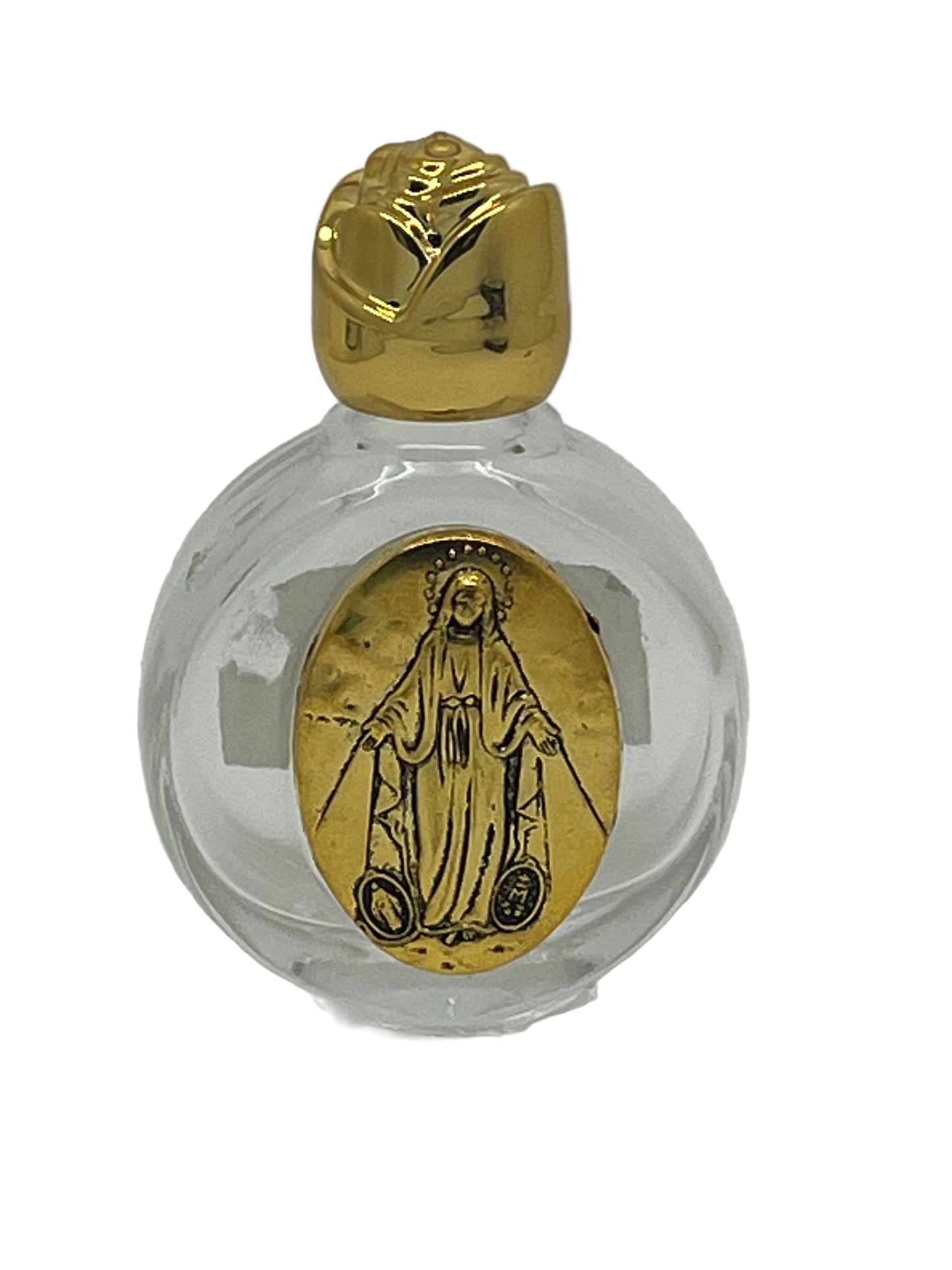 4" round Our Lady of Grace holy water glass bottle with gold-tone cap and detailed embossed religious medallion