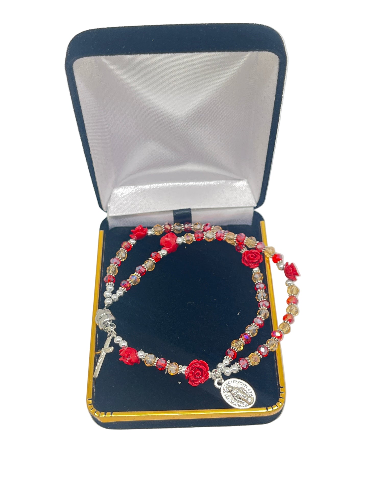 Red bead full rosary bracelet with red rose accents, Miraculous Medal, crucifix, and magnetic clasp in blue velvet box