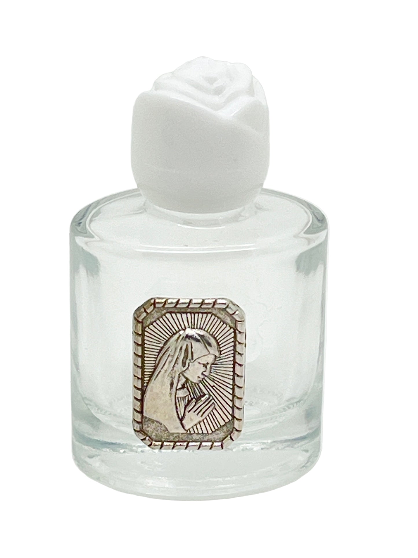 2.25" glass holy water bottle with white rose cap and Our Blessed Mother praying hands emblem on front
