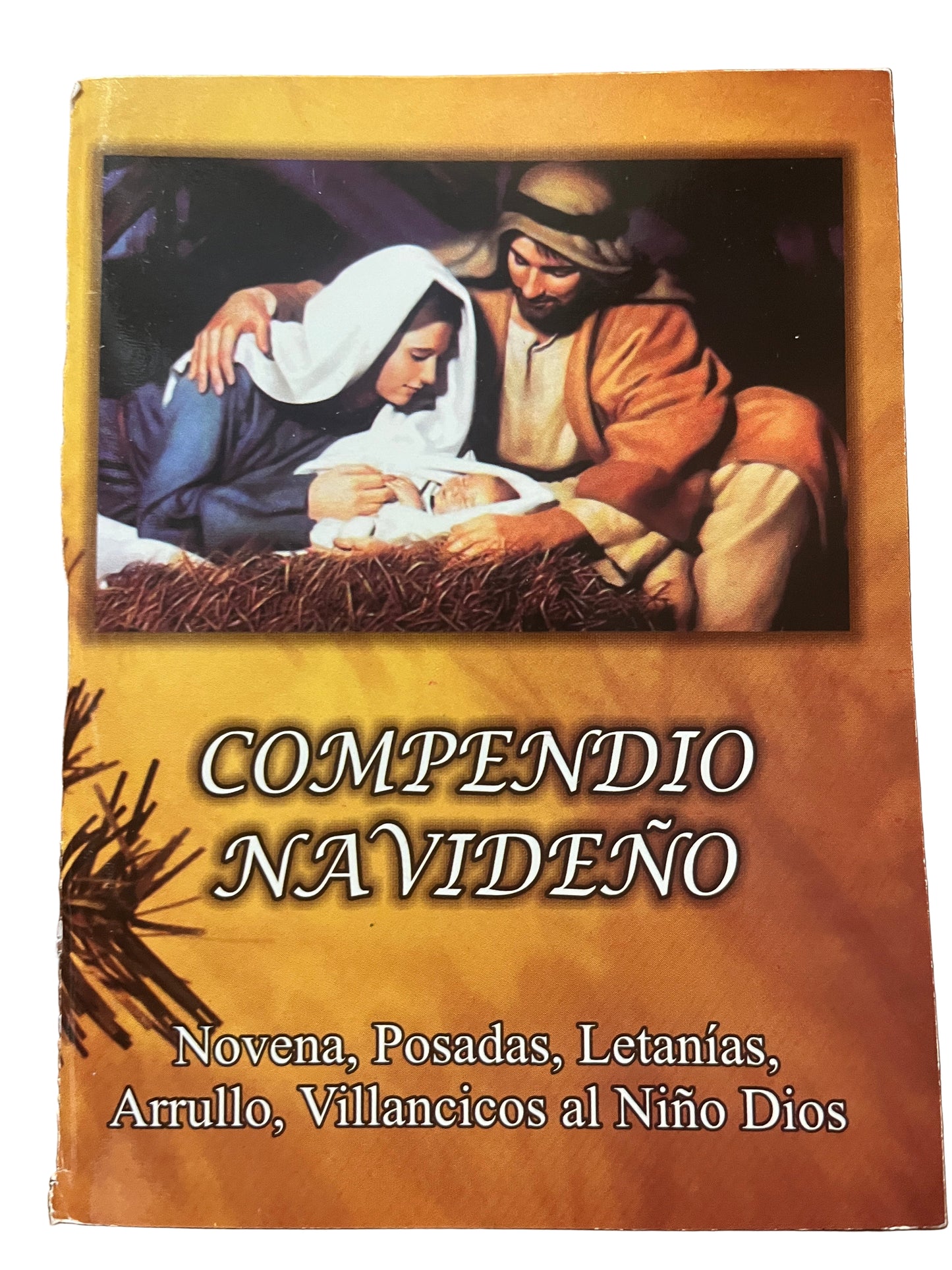 Book cover titled Compendio Navideño with image of Mary, Joseph, and baby Jesus in manger scene