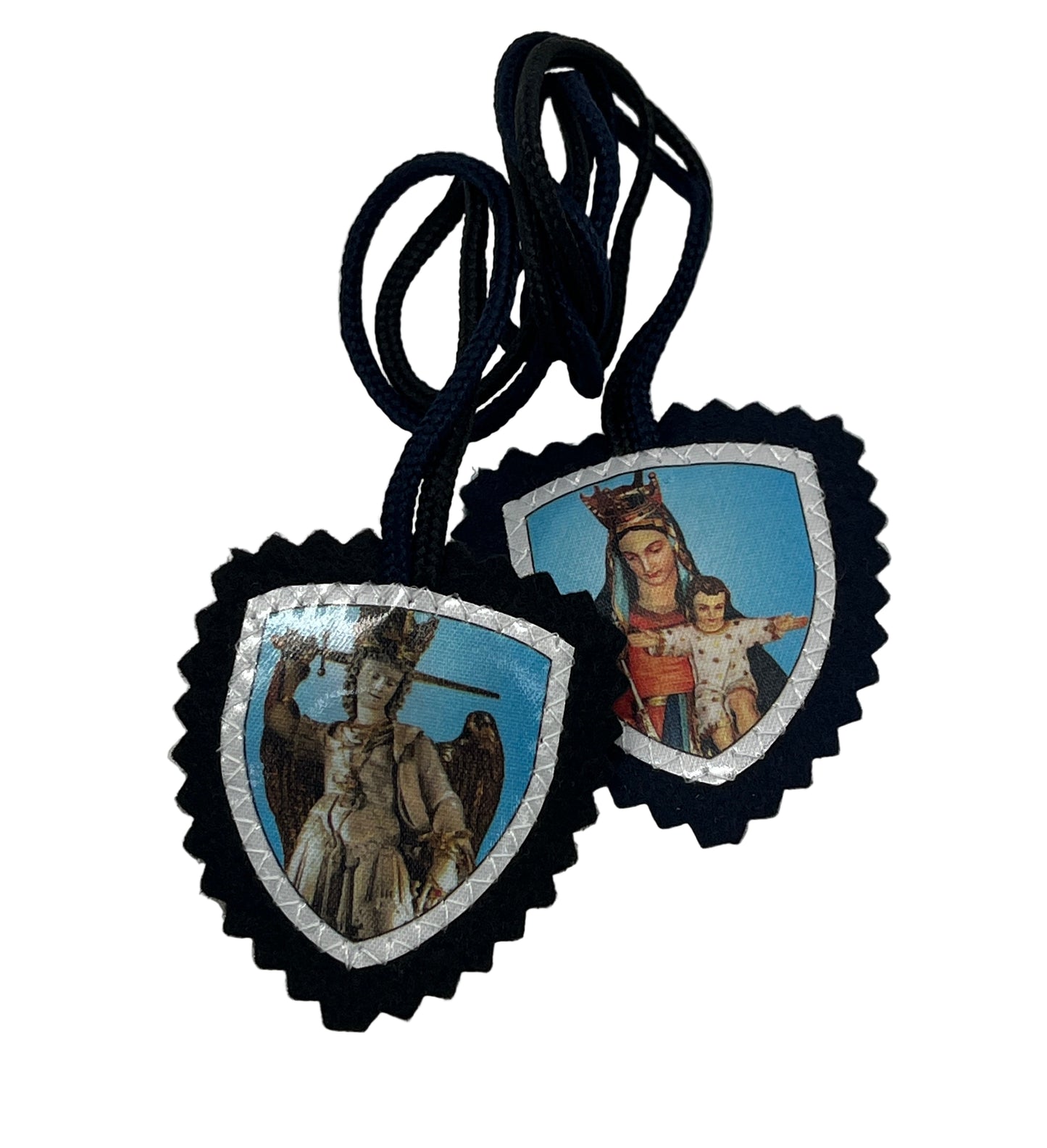 3" brown cloth scapular featuring St. Michael the Archangel and Our Lady of Mt. Carmel in shield design
