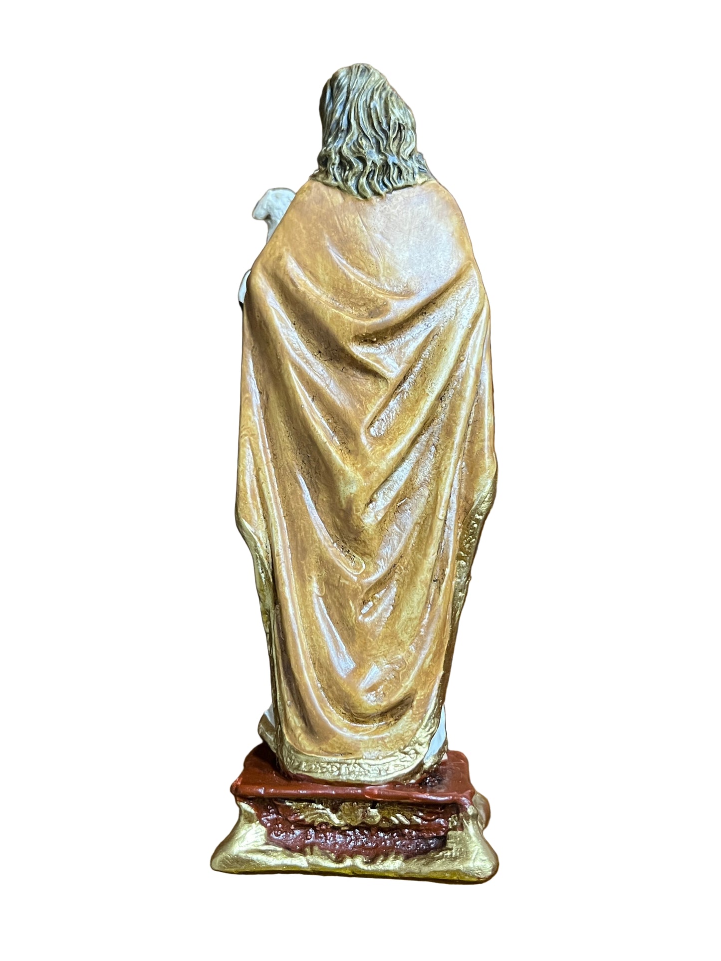 5" statue of Jesus the Good Shepherd seen from the back with detailed gold and brown robe on decorative base