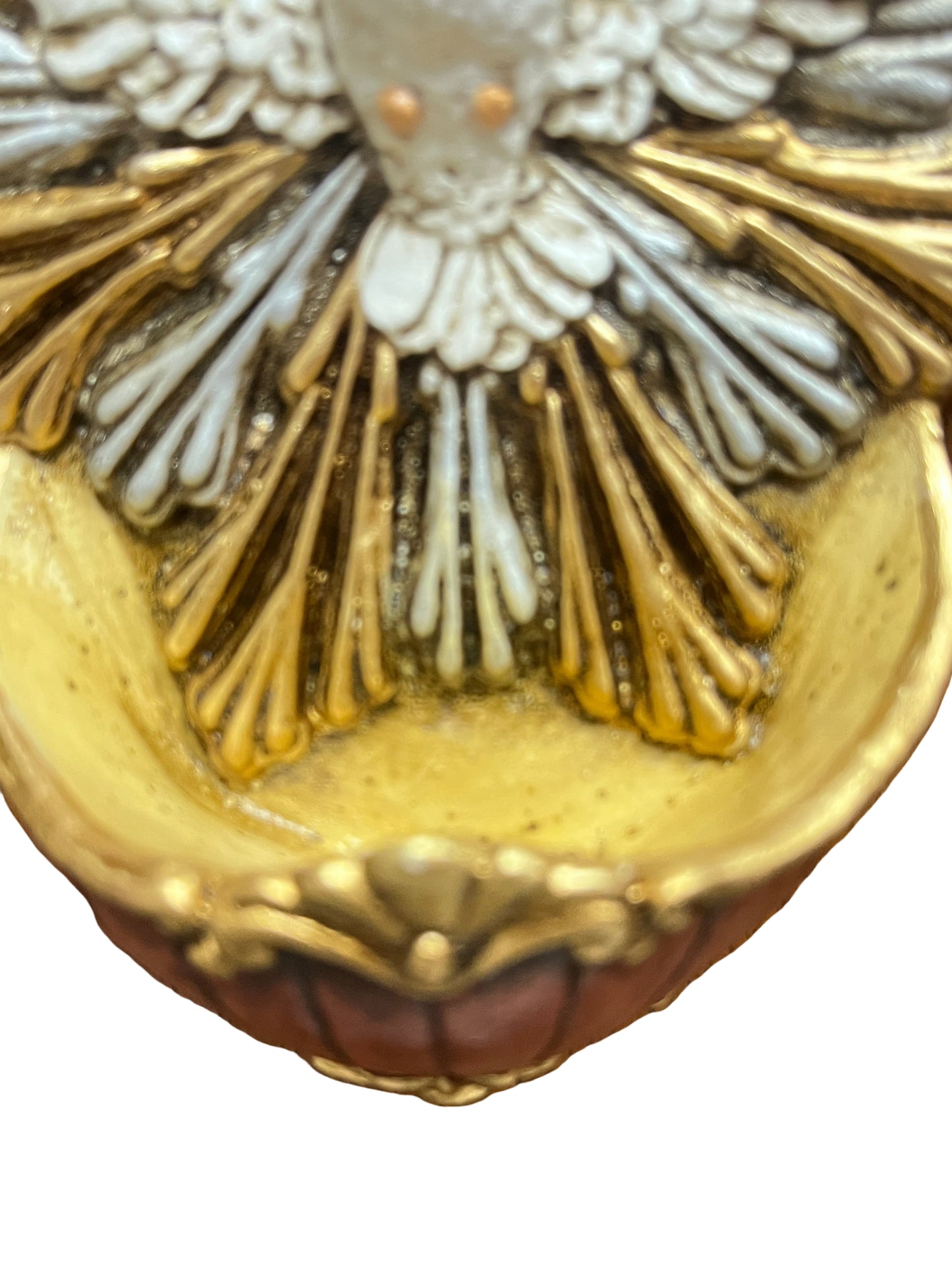 Hand-painted Holy Spirit holy water font with gold and white dove details, finely crafted by Colombian artisans