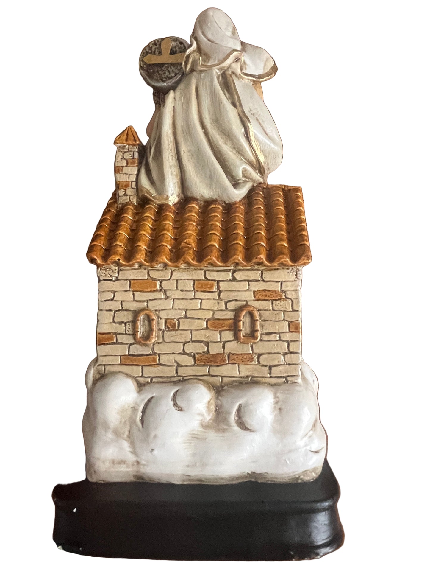 Hand-painted 12-inch Our Lady of Loretto statue with white robe on brick house roof and detailed craftsmanship