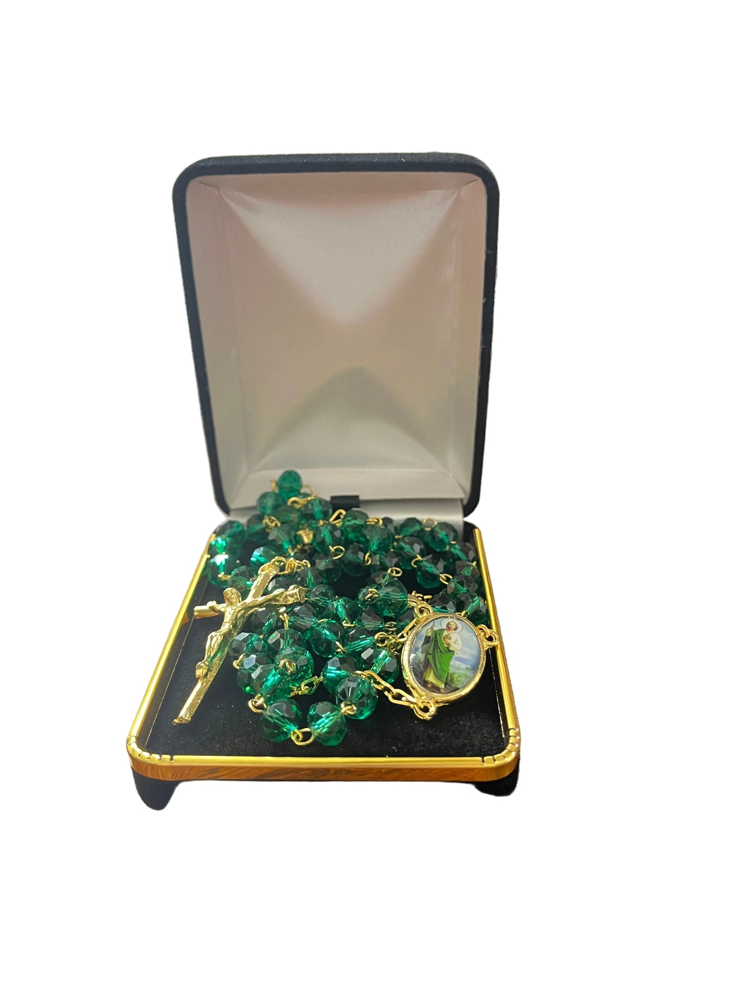 St. Jude Dark Green Crystal and Gold Rosary