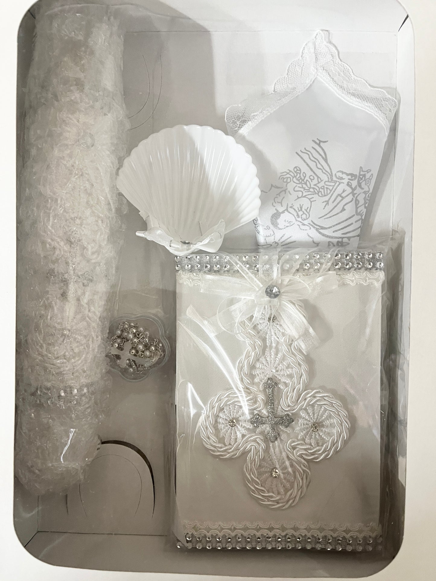 White and Rhinestone Cross Baptism, Christening Candle Set #2