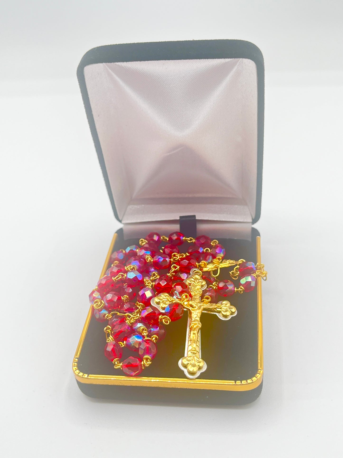 Red Crystal and Gold Plate Rosary