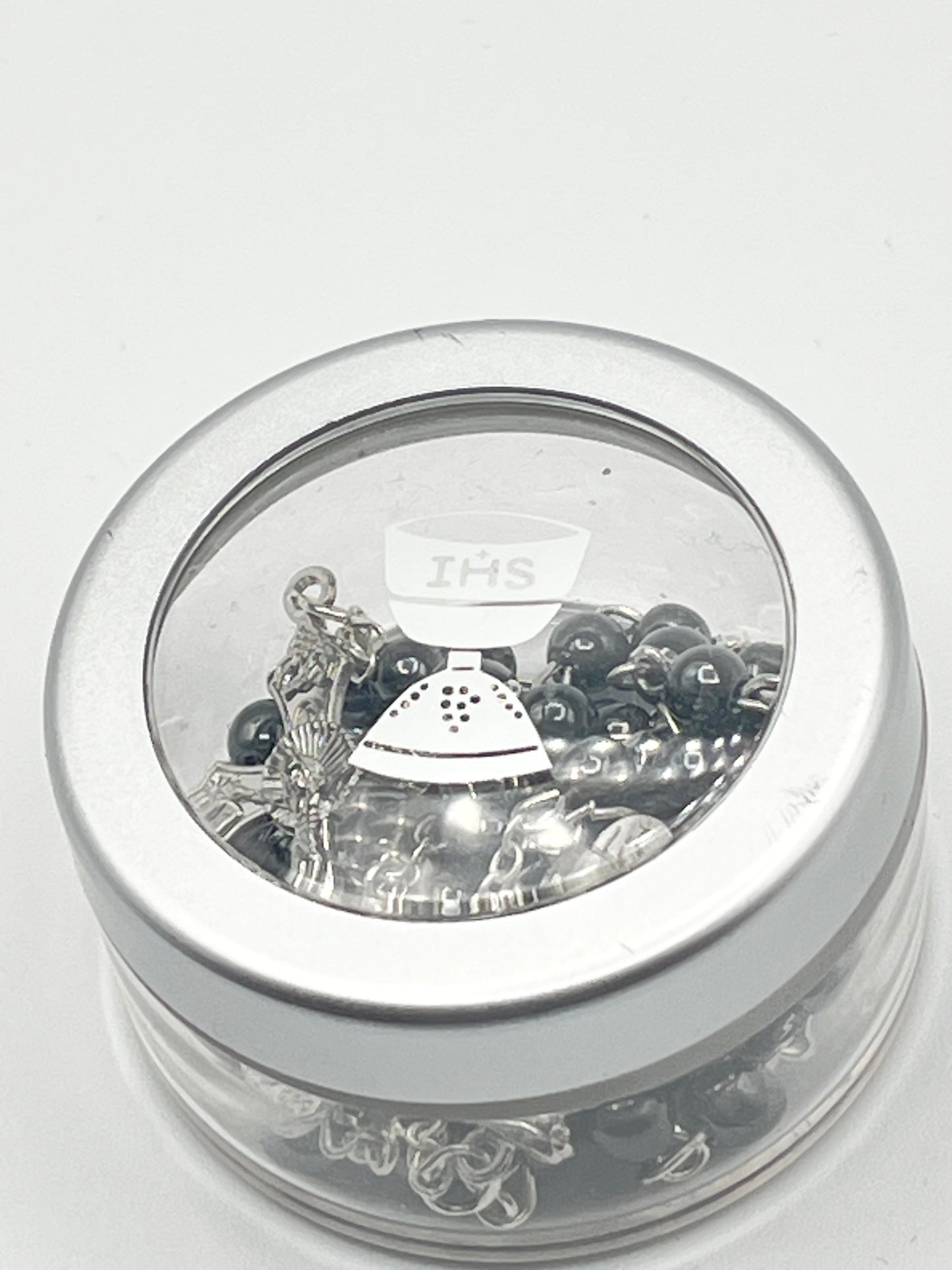 First Communion Hematite Rosary with Chalice Centerpiece 6mm