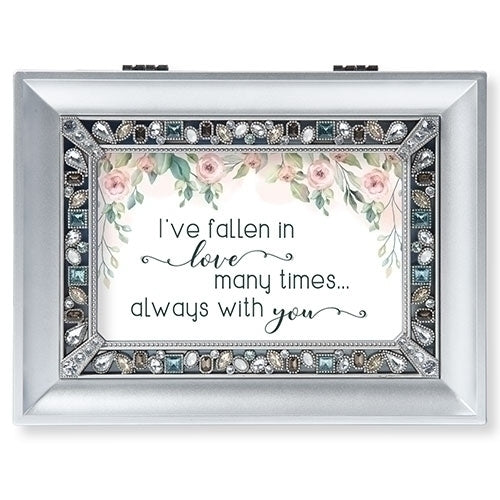 8" silver keepsake music box with floral design and "I've fallen in love many times... always with you" romantic message