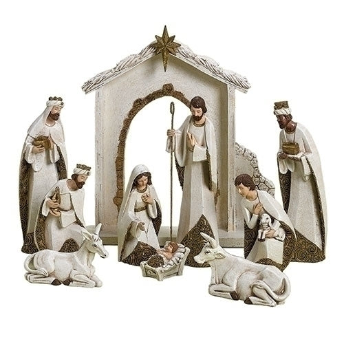 12" Ivory and gold 10-piece Nativity set with finely crafted figures and stable, celebrating the birth of Christ
