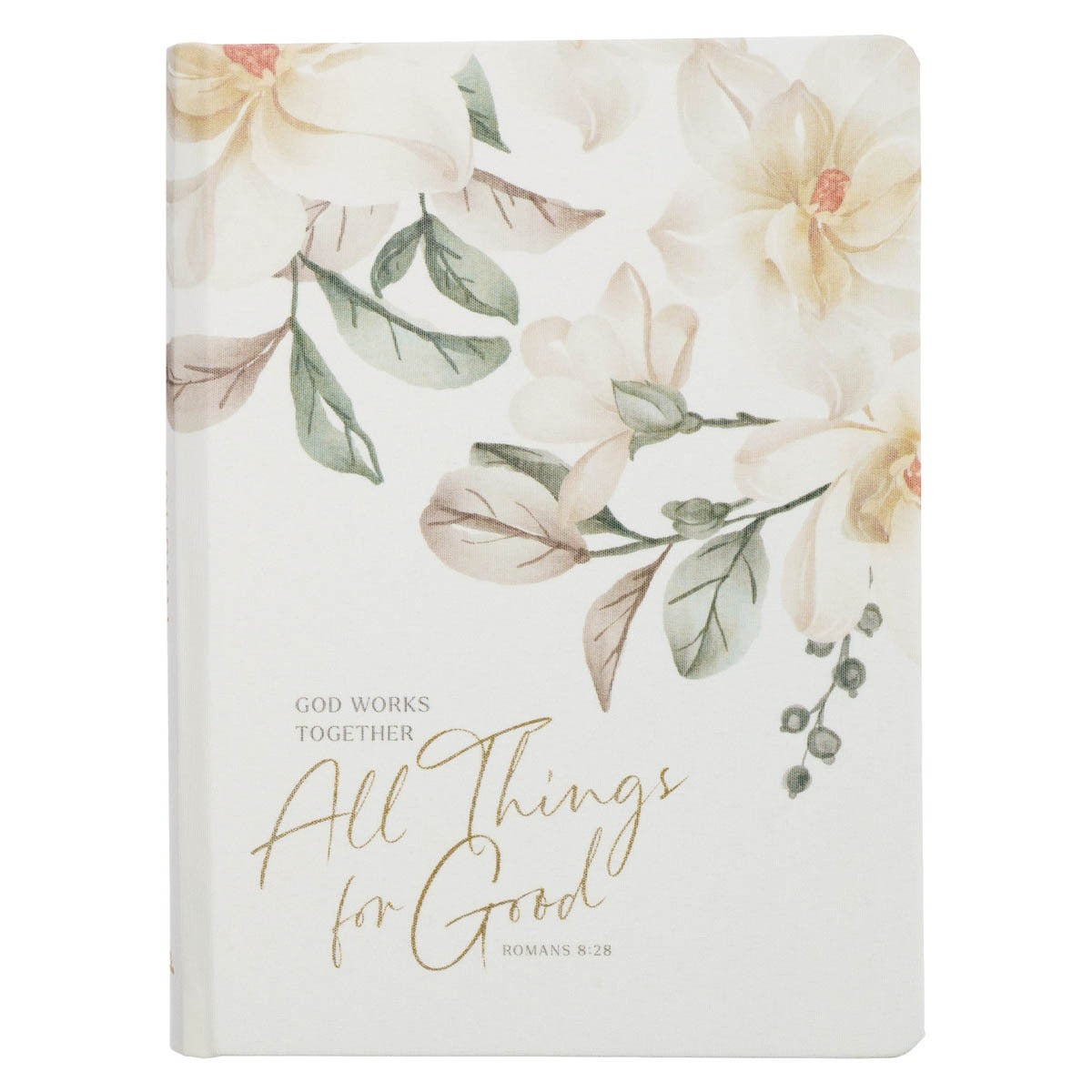 6" x 8" hardcover botanical journal with soft white fabric cover, magnolia print, and Romans 8:28 gold script text