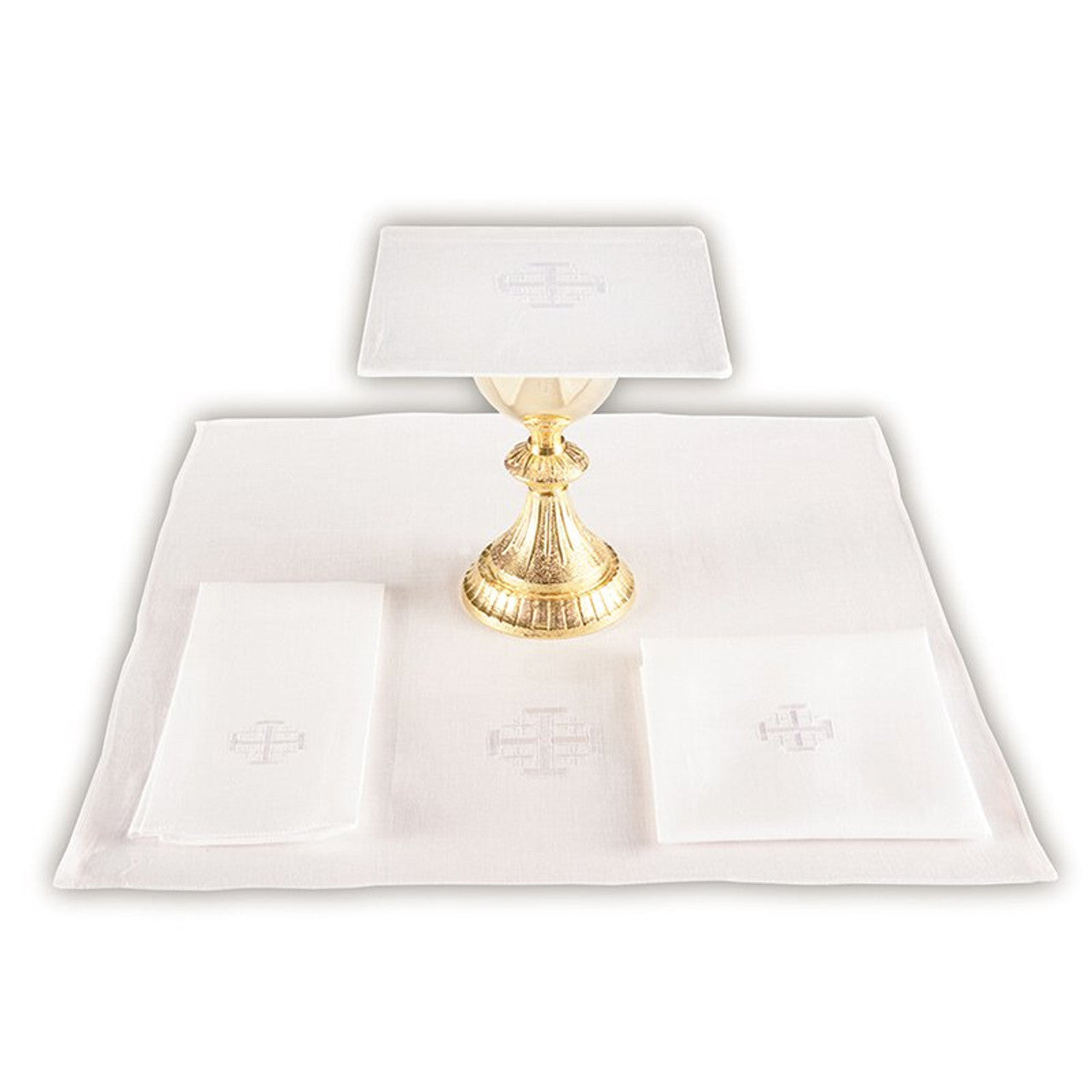 Jerusalem Cross chalice purificator and baptismal cloth set with embroidered crosses on white polyester-cotton fabric blend