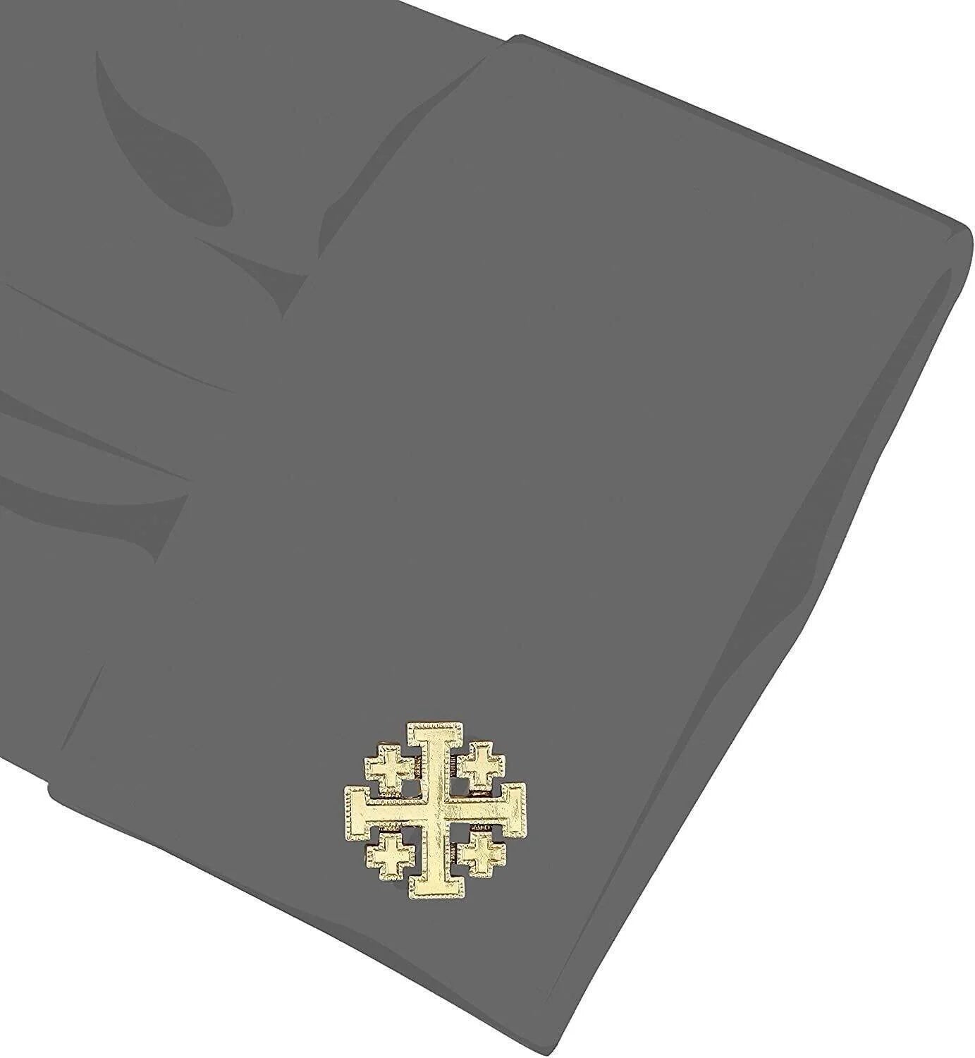 Jerusalem Cross Cufflink in 14k gold dipped finish on a folded dark grey dress shirt cuff