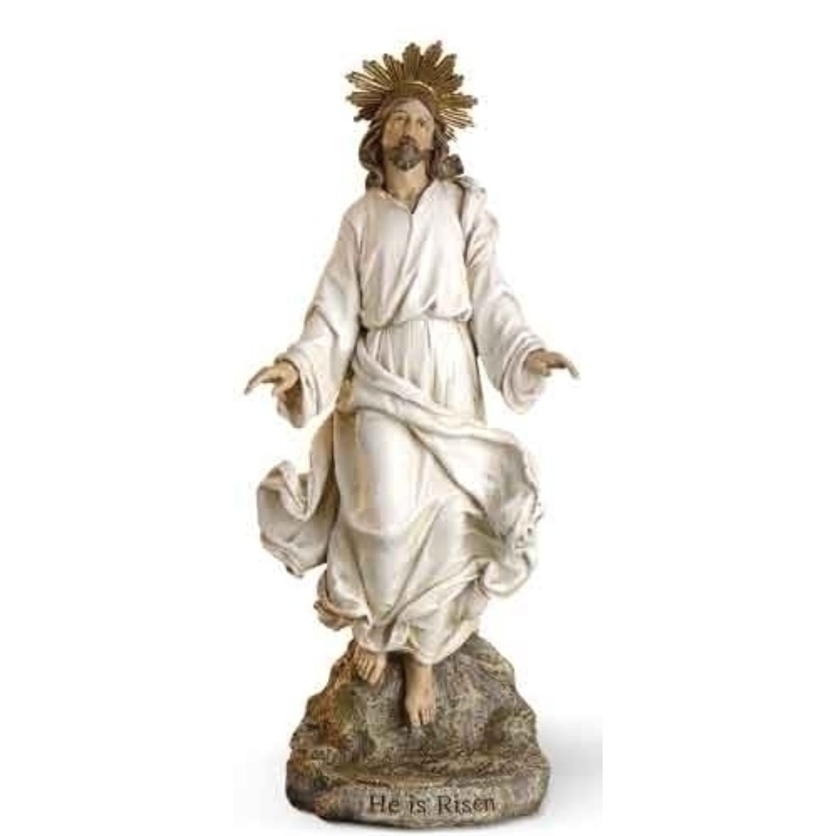 12-inch Jesus Christ is Risen statue with flowing white robe and gold halo standing on stone base inscribed "He is Risen