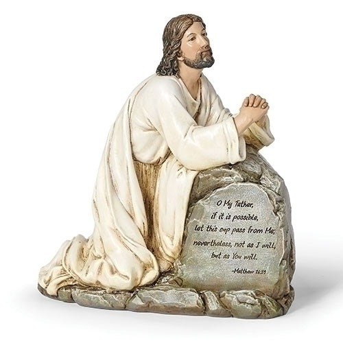 Jesus Praying in the Garden of Gethsemane statue 6.5" high with scripture Matthew 26:39 on rock base in kneeling pose
