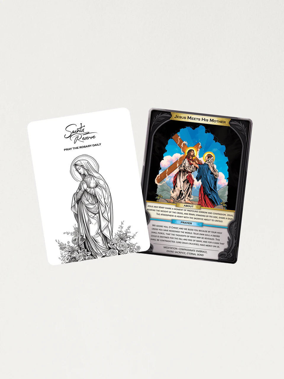 Jesus Meets His Mother holographic prayer card with hand-drawn double-sided design and protective plastic case.