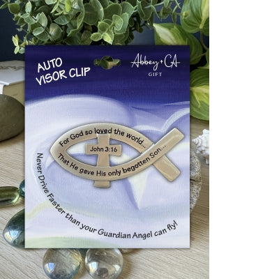 John 3:16 auto visor clip with fish symbol, scripture text, and inspirational guardian angel safety message on card backing