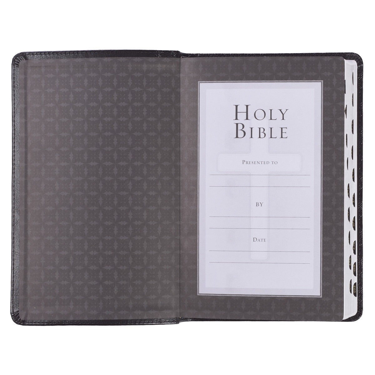 Black Faux Leather King James Version Deluxe Gift Bible open to dedication page with thumb index tabs on side