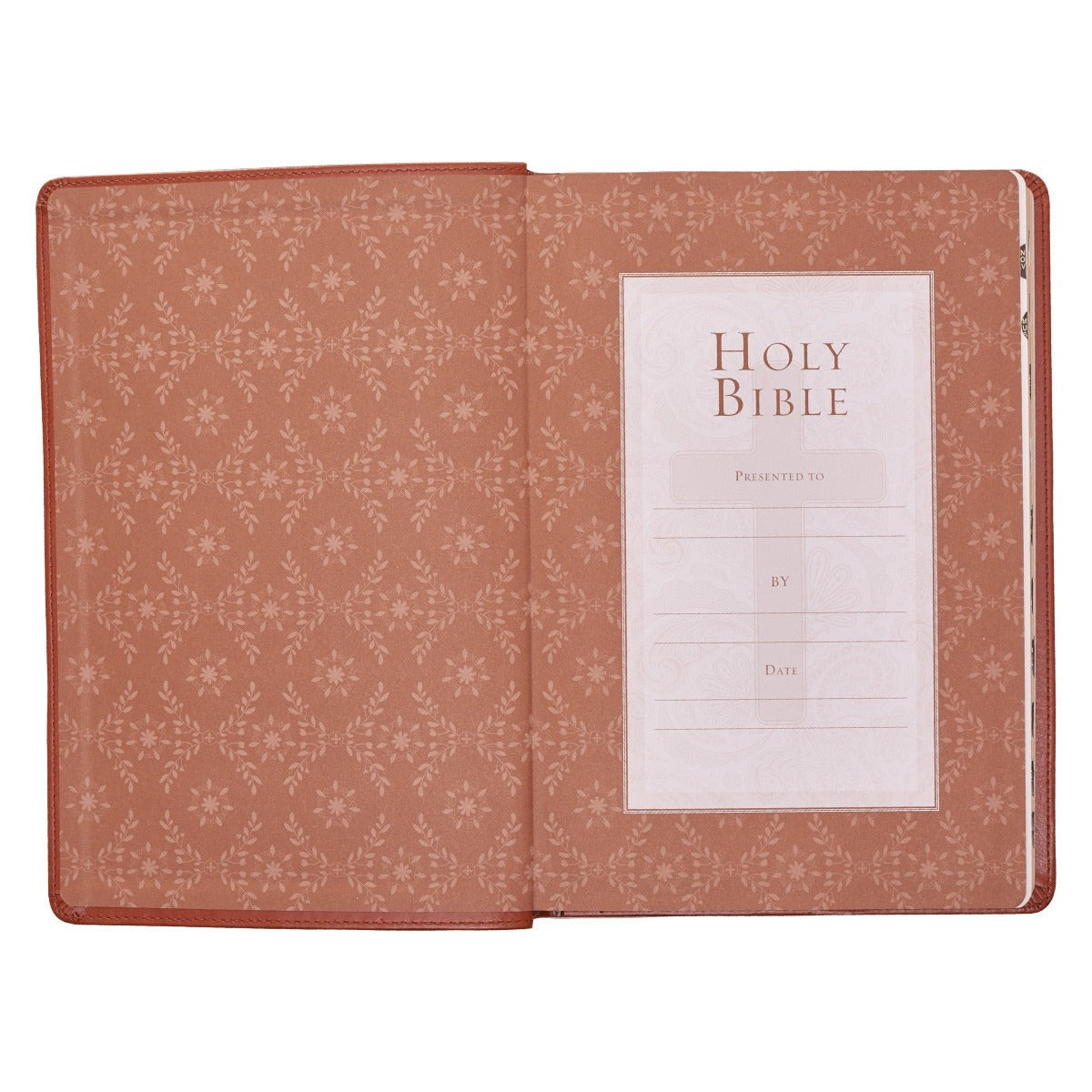 Open Saddle Tan Faux Leather Large Print Thinline King James Version Bible with patterned endpapers and presentation page