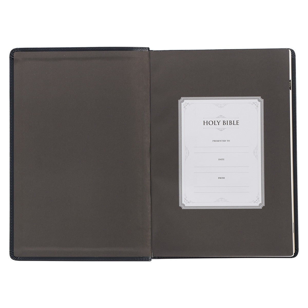 Open New Midnight Blue Art Nouveau faux leather Bible showing presentation page with decorative border and blank fields