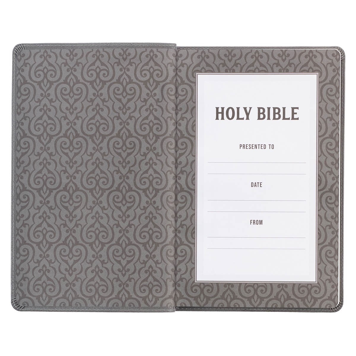 Inner cover of Charcoal Faux Leather Gift Edition King James Bible with ornate pattern and gift inscription page