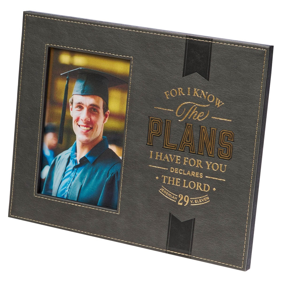 Charcoal faux leather graduation photo frame with gold stitching, clear acrylic cover, and Jeremiah 29:11 scripture design