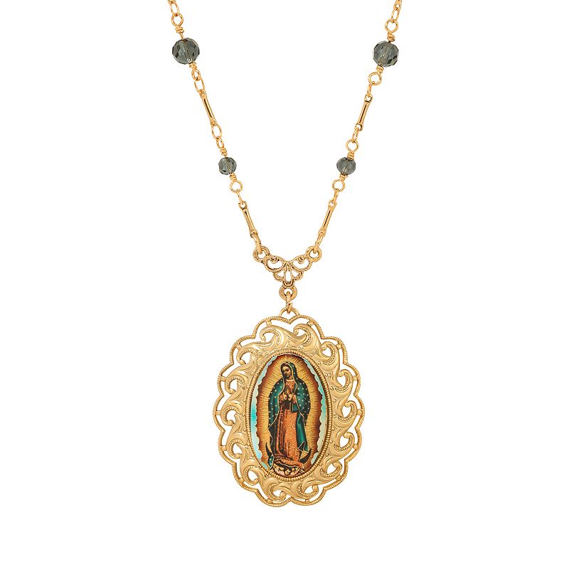 Gold dipped oval pendant necklace featuring Our Lady of Guadalupe with intricate swirling details and beaded chain accents