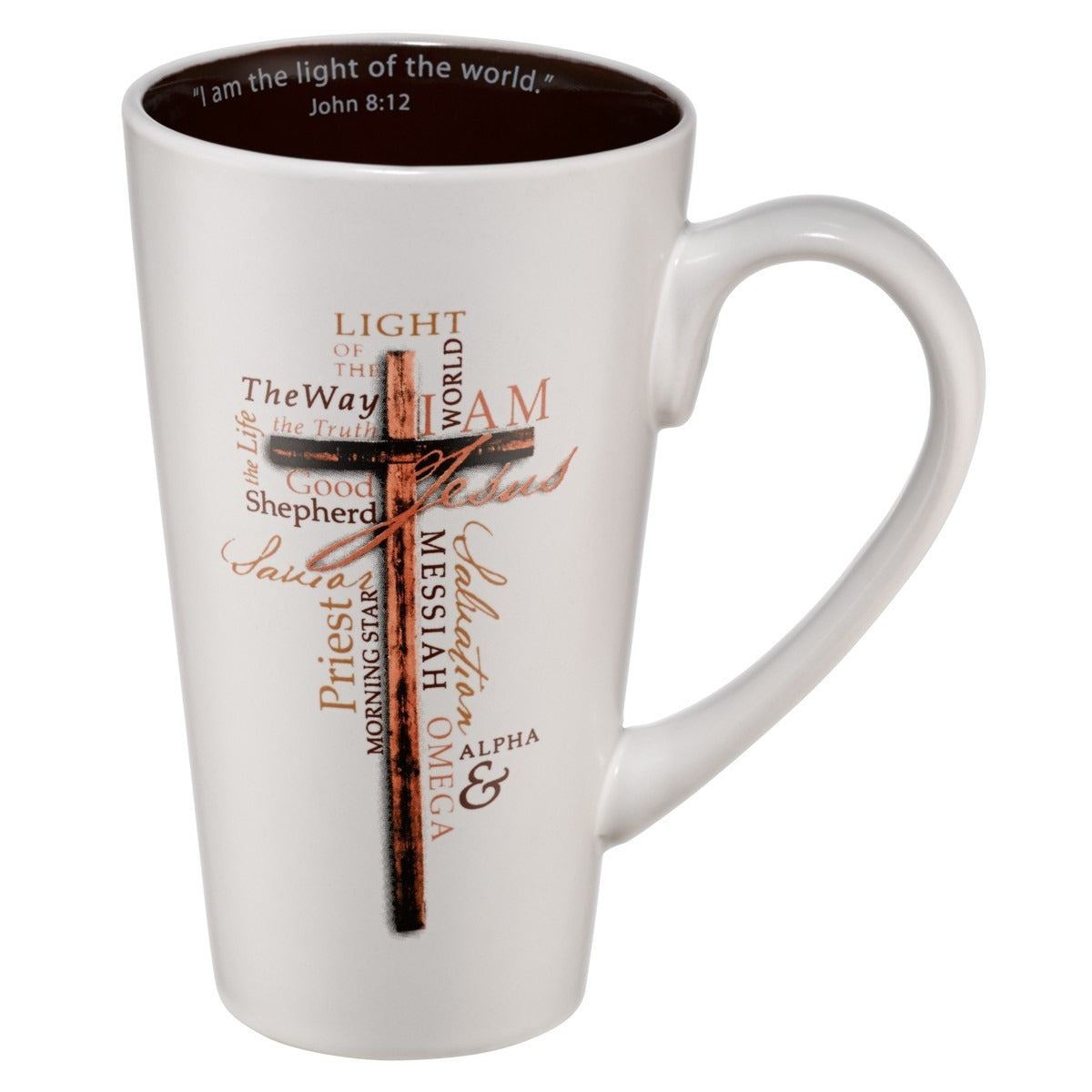 Tall ceramic coffee mug with cross design and Bible verses including John 8:12 "I am the light of the world" text inside rim