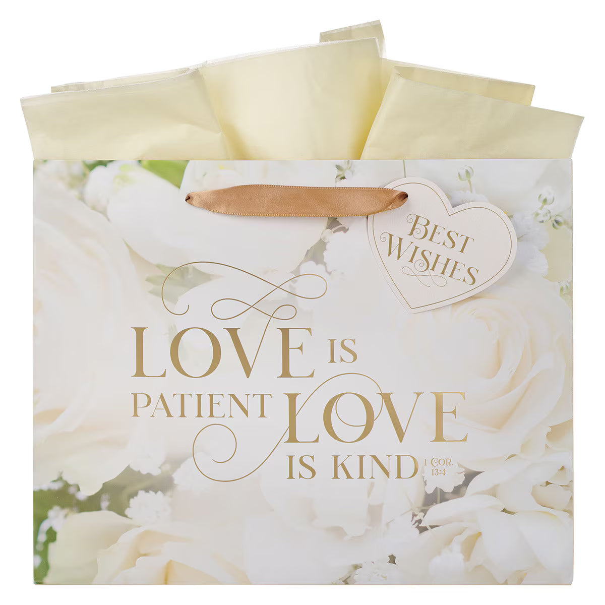 Large landscape gift bag with white roses, "Love is patient, love is kind" 1 Corinthians 13:4 and Best Wishes tag