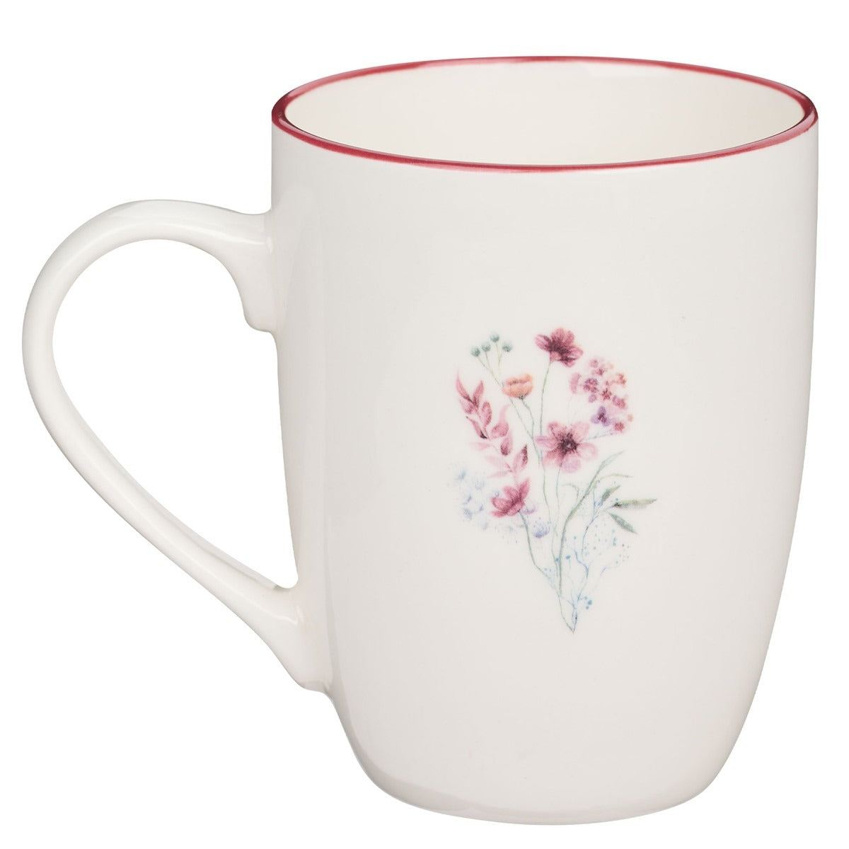 White ceramic coffee mug with pink wildflower design and coral rim, Bible verse Jeremiah 29:11 inspiration