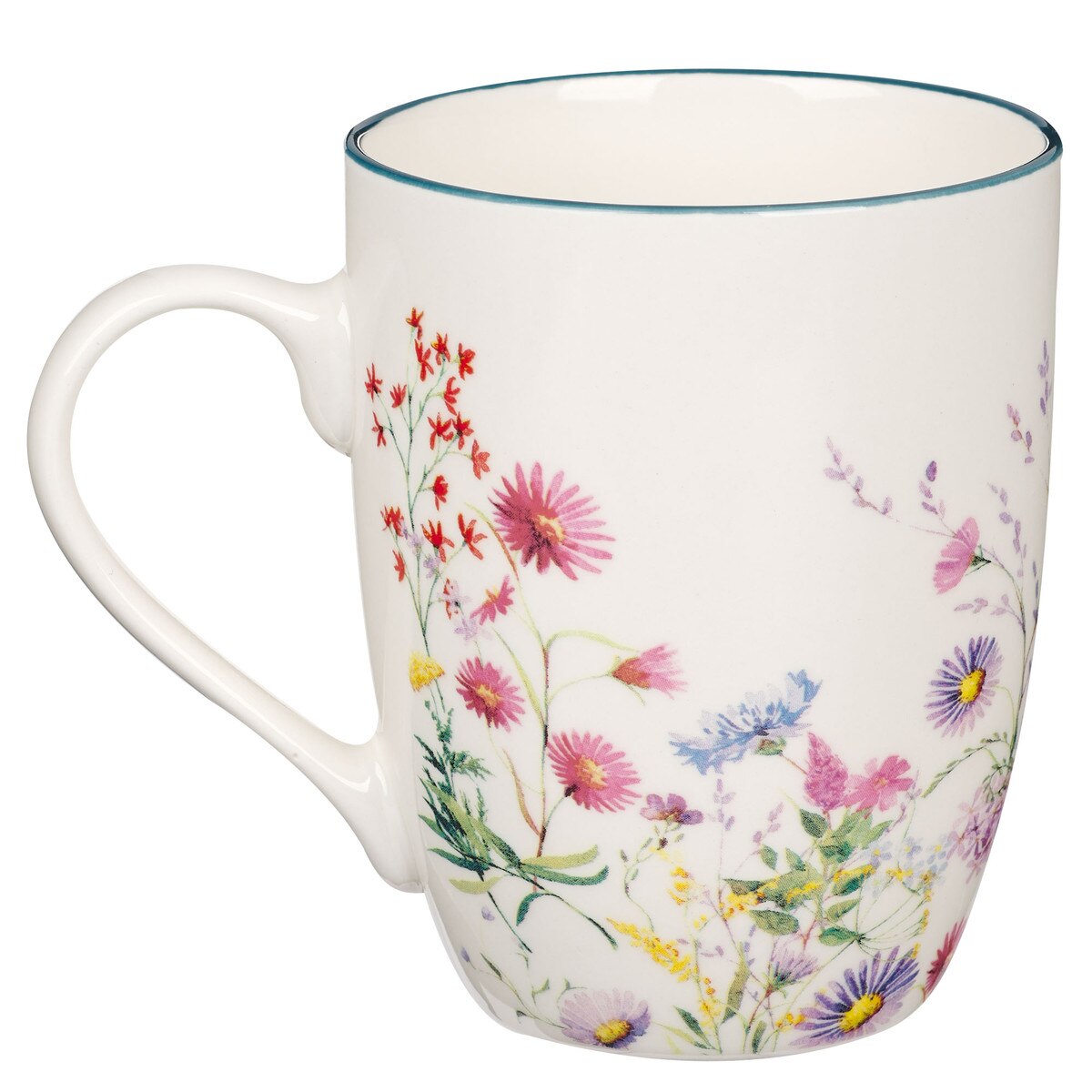 Ceramic coffee mug with colorful floral meadow design and Psalm 28:7 scripture verse around interior rim