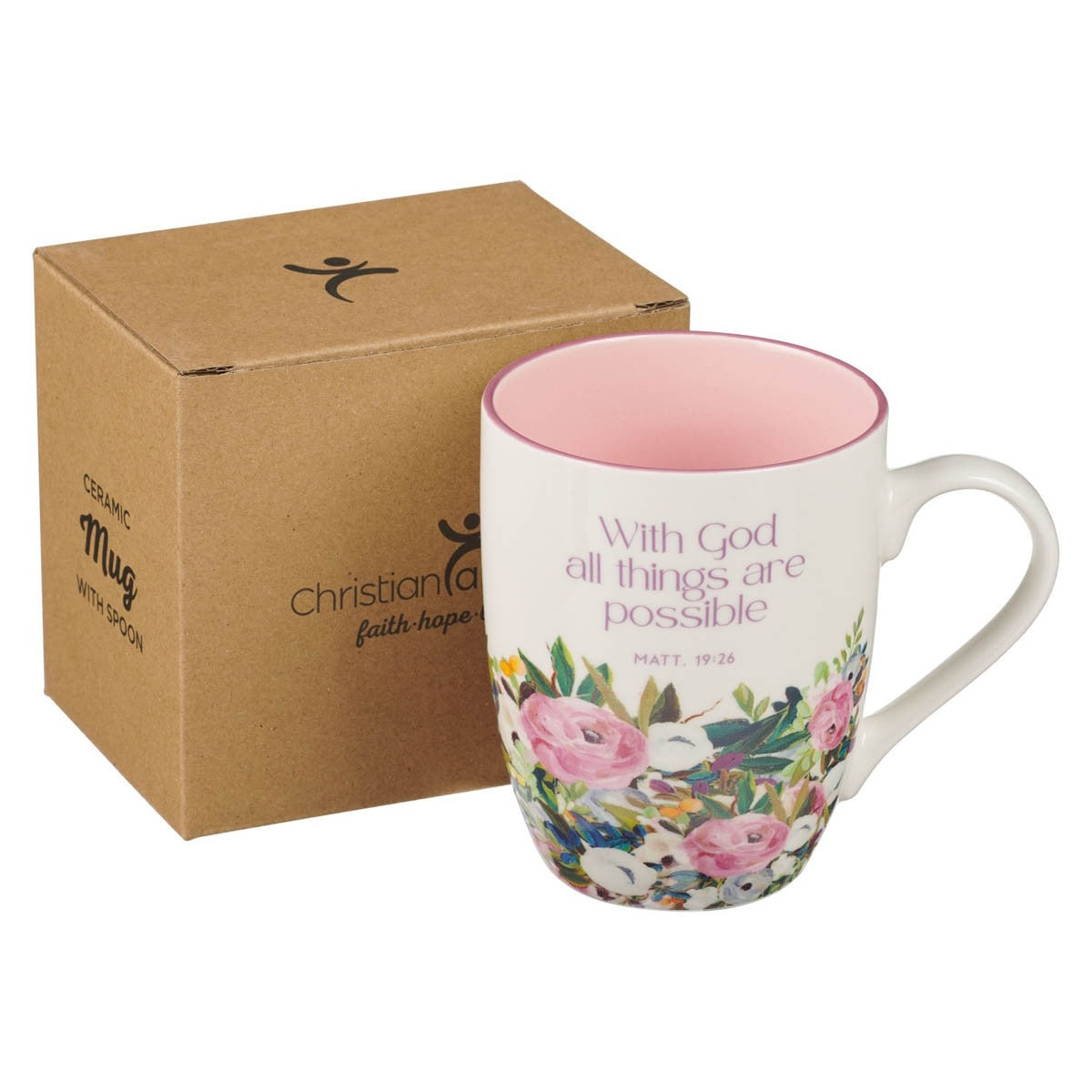 Ceramic coffee mug with pink floral design and "With God all things are possible" Bible verse, includes gift box