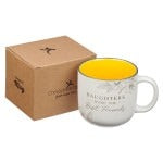 Ceramic coffee mug with Proverbs 3:15 quote, white exterior, yellow interior, and gift box packaging.
