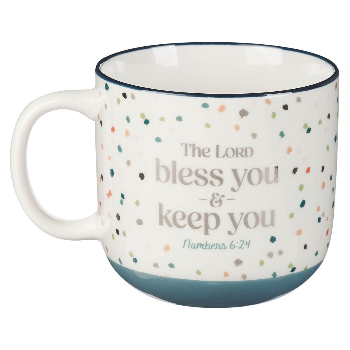 Ceramic coffee mug with blue confetti pattern and scripture "The LORD bless you & keep you Numbers 6:24" in soft colors