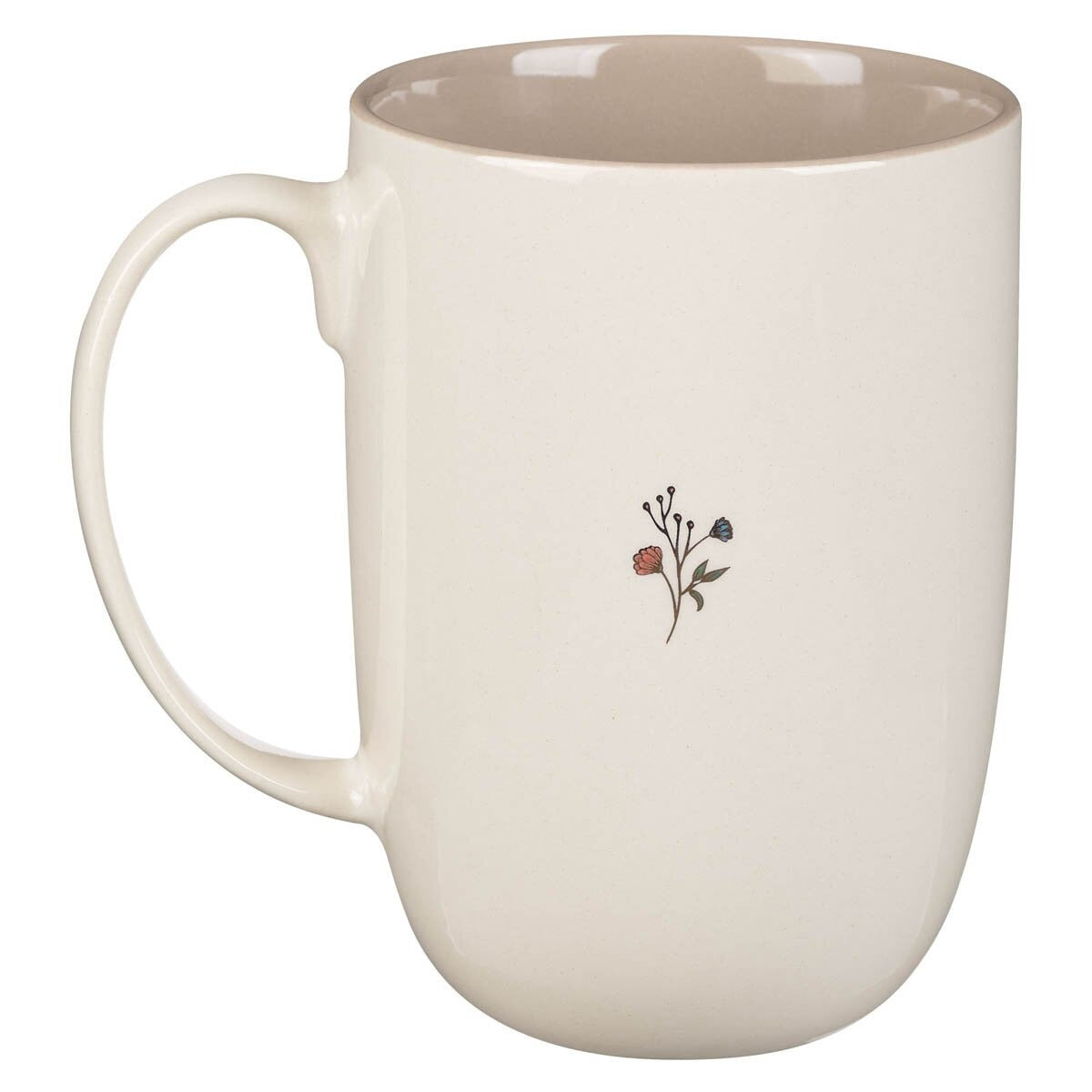 Cream ceramic coffee mug with small red and blue floral design and smooth rounded handle on white background