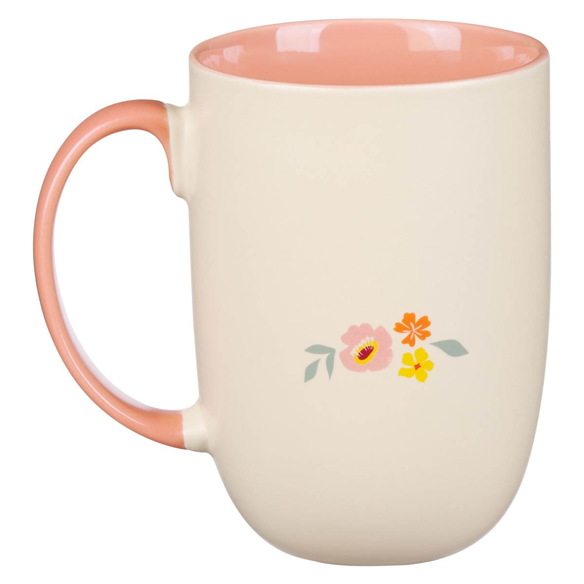 Creamy white ceramic coffee mug with peach interior, handle, and small peach yellow floral design on front