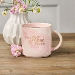 10oz pink marbled ceramic coffee mug with "Best Mom Ever" text printed on front and back, round handle