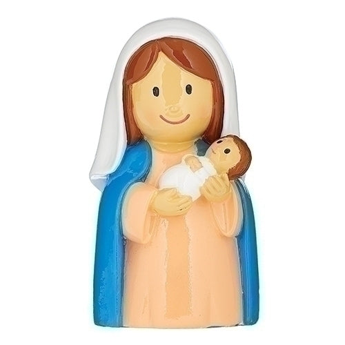 3" hand-painted Madonna and Child Little Patron figure with blue cloak and gentle smiling faces