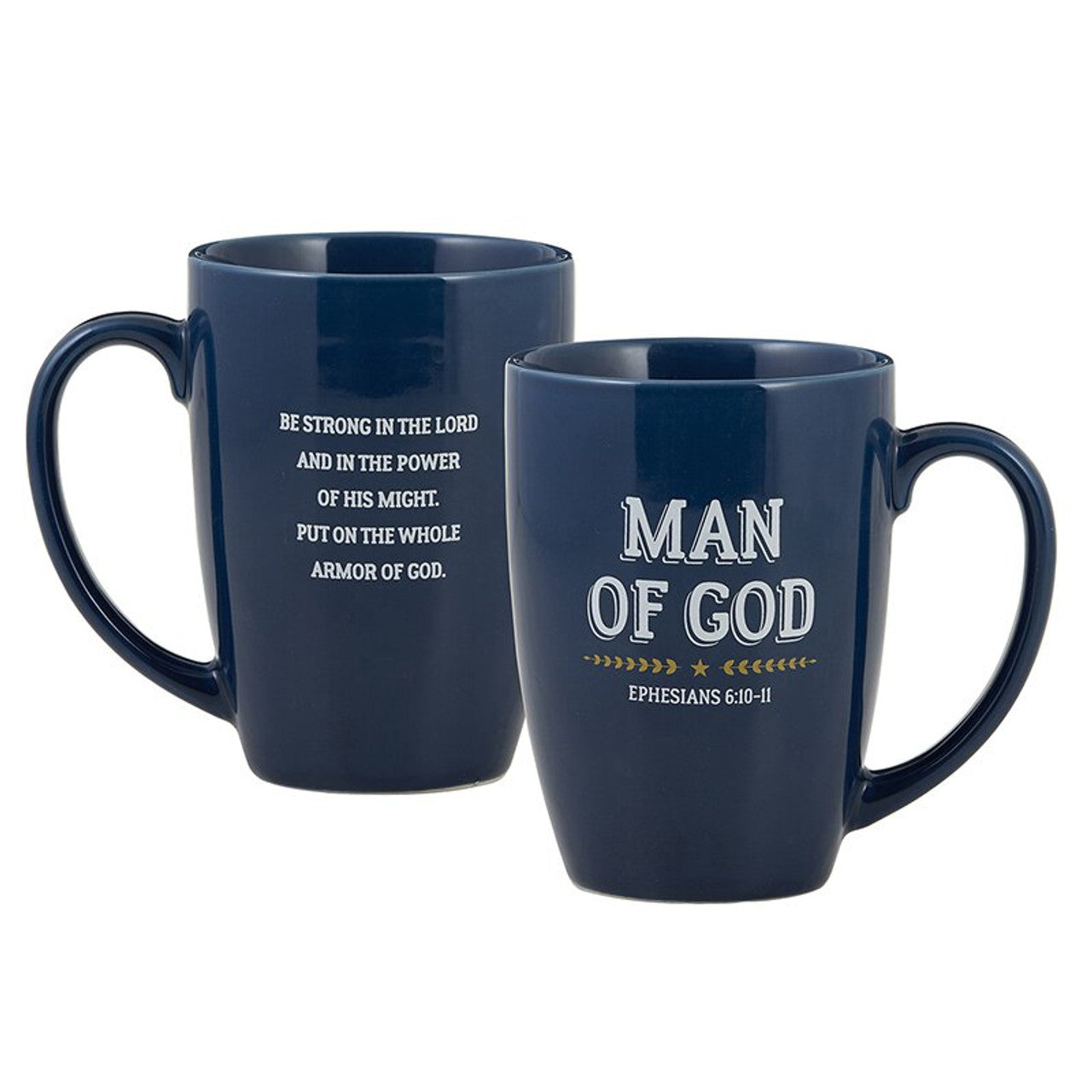 Navy blue coffee mug with "Man of God" text and Ephesians 6:10-11 scripture about the armor of God