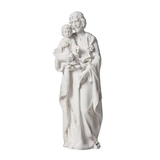 Marble White Saint Joseph with Jesus and Lilies Statue 8 1/5"