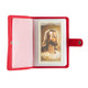 Maroon holy card holder wallet with 20 plastic sleeves, durable faux leather cover, holds 40 standard sized cards.