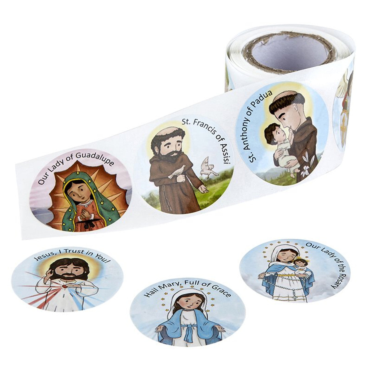 Mini Saints sticker roll with 100 educational, colorful saint illustrations including Our Lady and St. Francis of Assisi