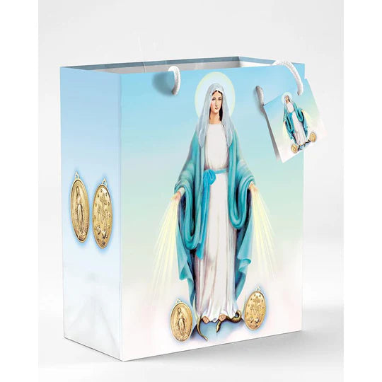 5" x 3 ¾" glossy Archangels gift bag with hanging hook, tissue paper, attached gift card, and religious imagery design