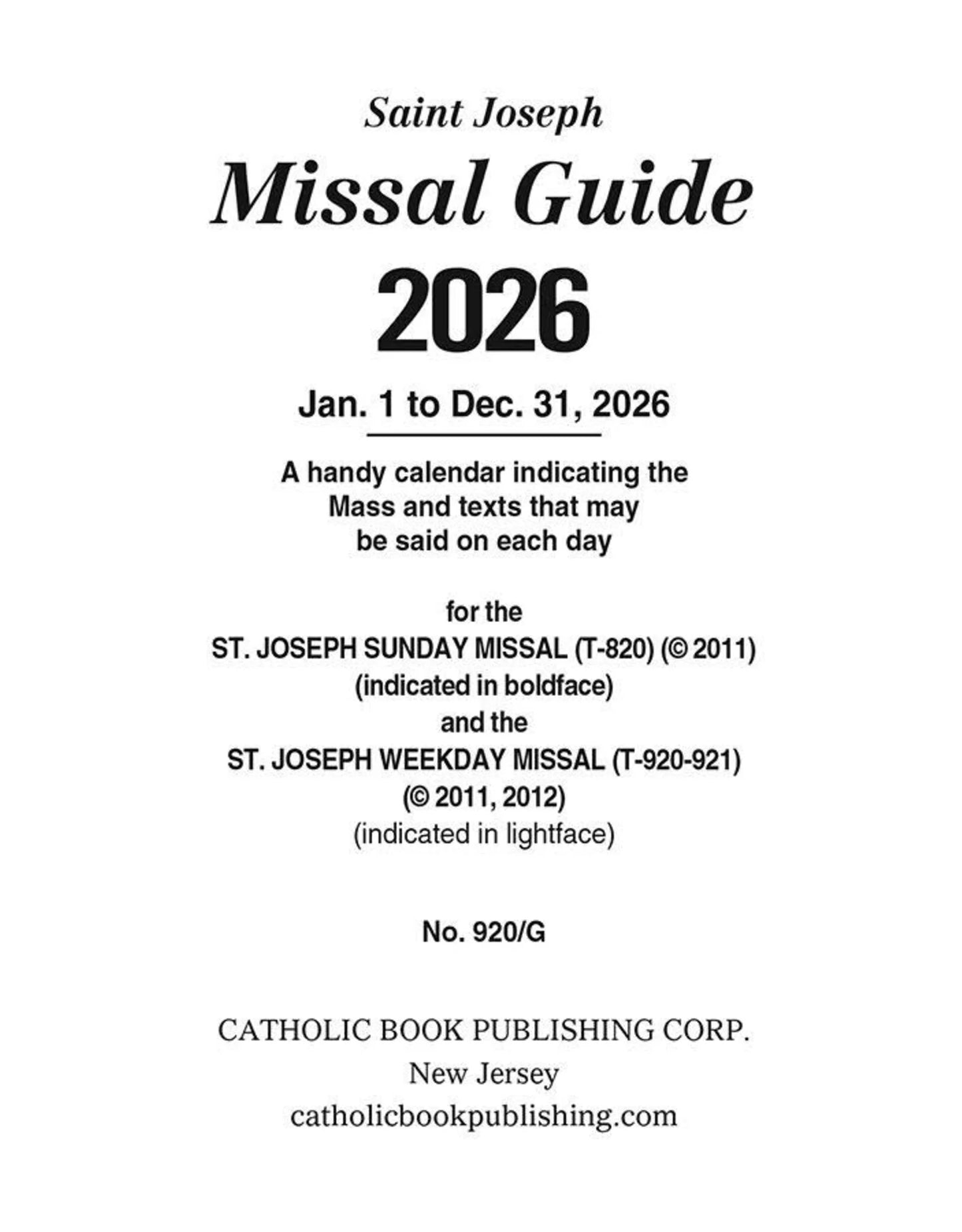 2026 Saint Joseph Missal Guide calendar showing daily Mass and texts for Sunday and Weekday Missals, compact reference guide.