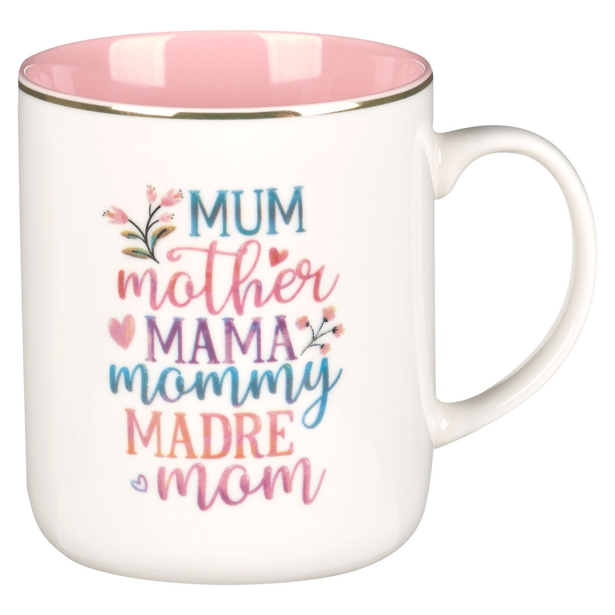 White ceramic coffee mug with pink interior and floral script featuring various names for mom in pastel colors