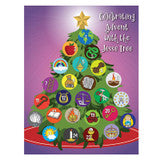 Jesse Tree Advent activity card with colorful interactive stickers and educational symbols for Catholic children