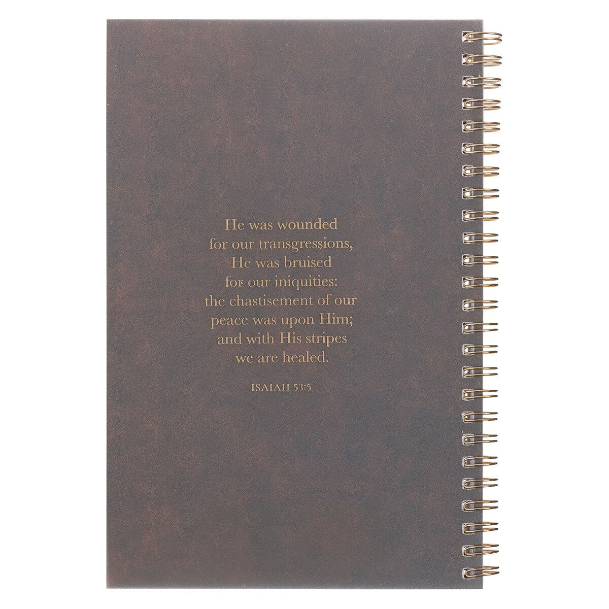 Brown spiral notebook with Isaiah 53:3 scripture in gold text and sturdy PVC cover frame